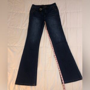 All Apparel size 8, 35” inseam flare dark wash jeans